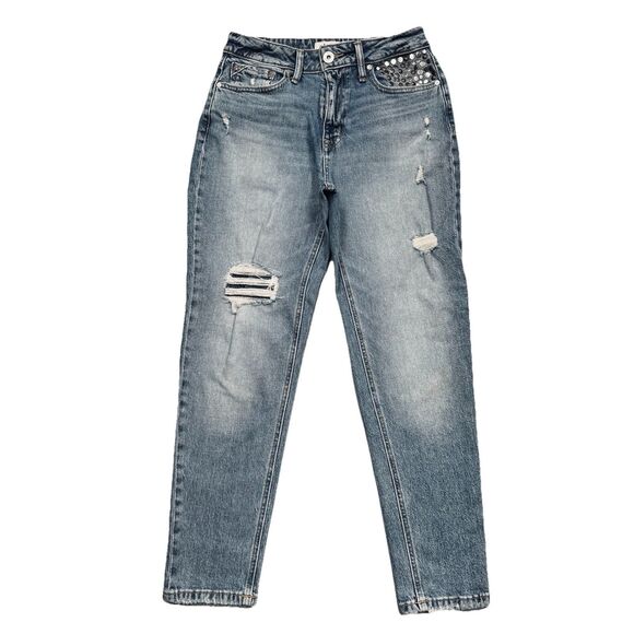 Edgely 90s Taper High Rise Jeans 6 Short (28x27) Blue Distressed Denim Womens - Picture 2 of 13